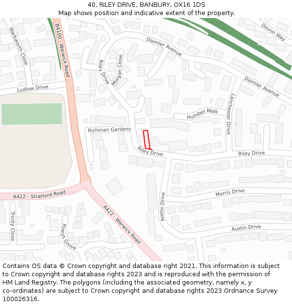 40, RILEY DRIVE, BANBURY, OX16 1DS: Location map and indicative extent of plot