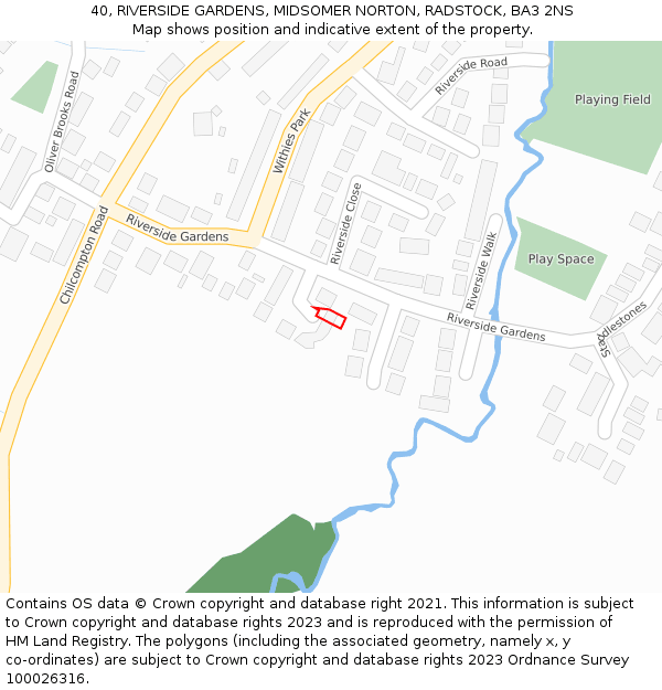 40, RIVERSIDE GARDENS, MIDSOMER NORTON, RADSTOCK, BA3 2NS: Location map and indicative extent of plot