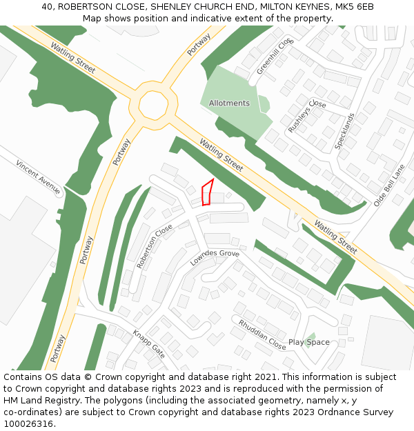 40, ROBERTSON CLOSE, SHENLEY CHURCH END, MILTON KEYNES, MK5 6EB: Location map and indicative extent of plot