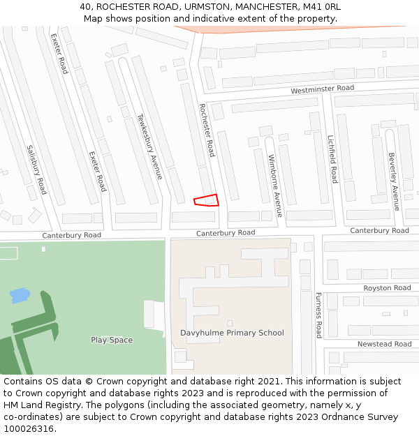 40, ROCHESTER ROAD, URMSTON, MANCHESTER, M41 0RL: Location map and indicative extent of plot