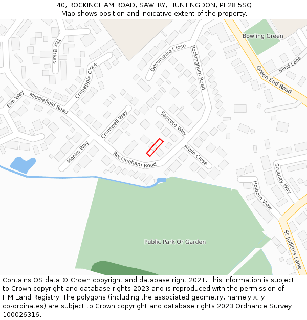 40, ROCKINGHAM ROAD, SAWTRY, HUNTINGDON, PE28 5SQ: Location map and indicative extent of plot