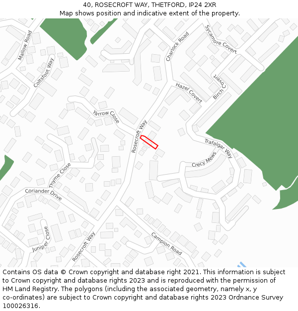 40, ROSECROFT WAY, THETFORD, IP24 2XR: Location map and indicative extent of plot