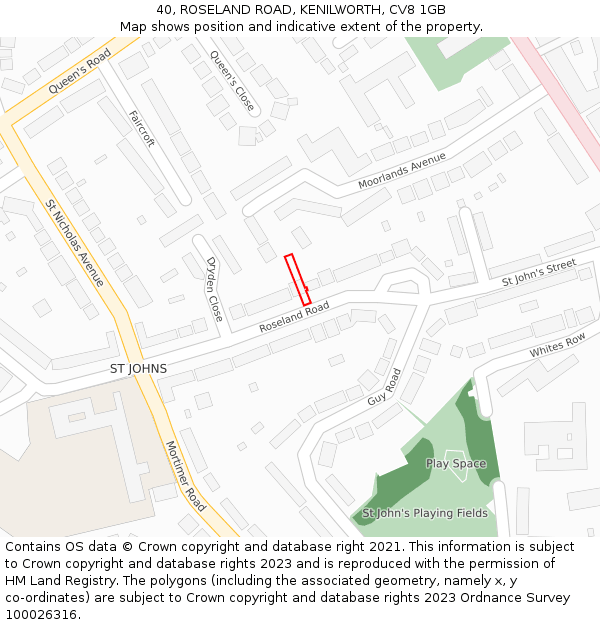 40, ROSELAND ROAD, KENILWORTH, CV8 1GB: Location map and indicative extent of plot