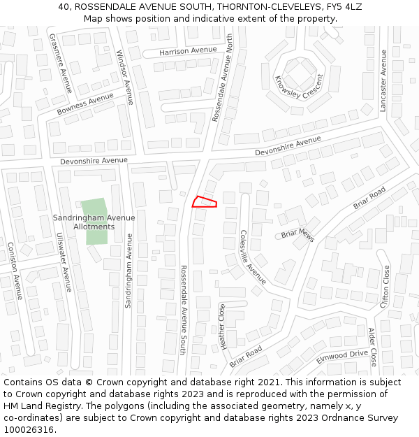 40, ROSSENDALE AVENUE SOUTH, THORNTON-CLEVELEYS, FY5 4LZ: Location map and indicative extent of plot