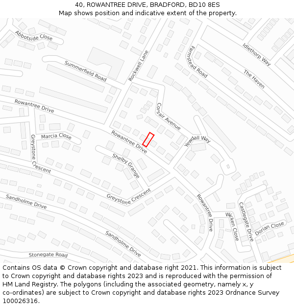 40, ROWANTREE DRIVE, BRADFORD, BD10 8ES: Location map and indicative extent of plot