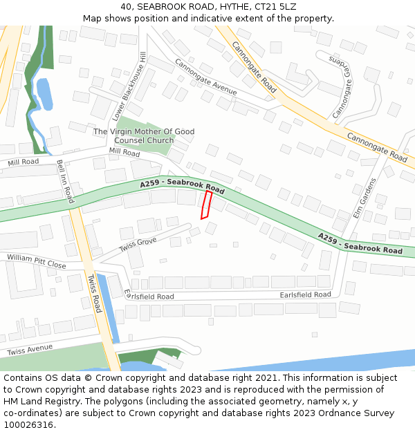 40, SEABROOK ROAD, HYTHE, CT21 5LZ: Location map and indicative extent of plot