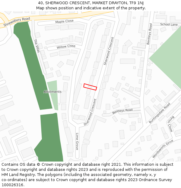 40, SHERWOOD CRESCENT, MARKET DRAYTON, TF9 1NJ: Location map and indicative extent of plot