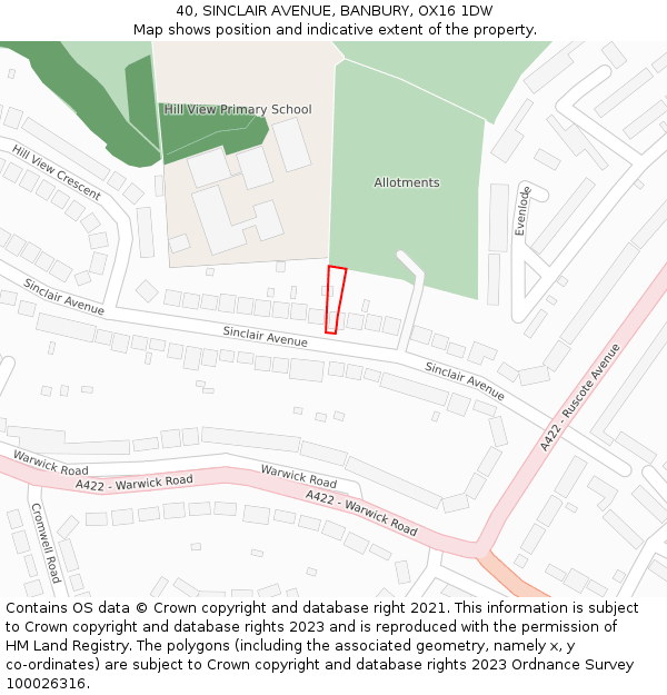 40, SINCLAIR AVENUE, BANBURY, OX16 1DW: Location map and indicative extent of plot