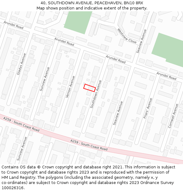 40, SOUTHDOWN AVENUE, PEACEHAVEN, BN10 8RX: Location map and indicative extent of plot