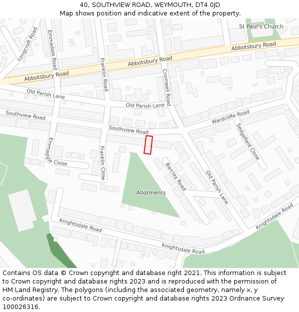 40, SOUTHVIEW ROAD, WEYMOUTH, DT4 0JD: Location map and indicative extent of plot