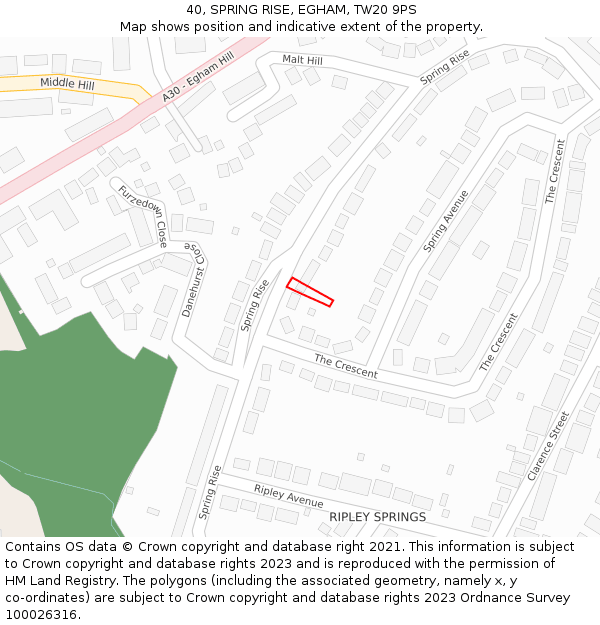 40, SPRING RISE, EGHAM, TW20 9PS: Location map and indicative extent of plot