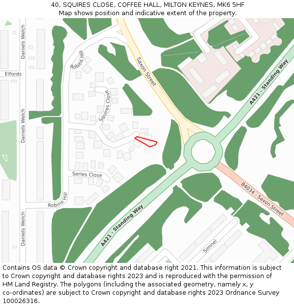 40, SQUIRES CLOSE, COFFEE HALL, MILTON KEYNES, MK6 5HF: Location map and indicative extent of plot