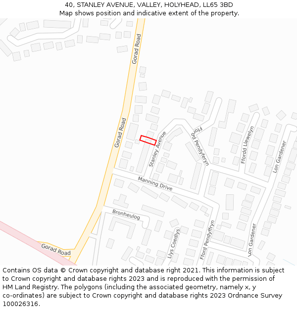 40, STANLEY AVENUE, VALLEY, HOLYHEAD, LL65 3BD: Location map and indicative extent of plot