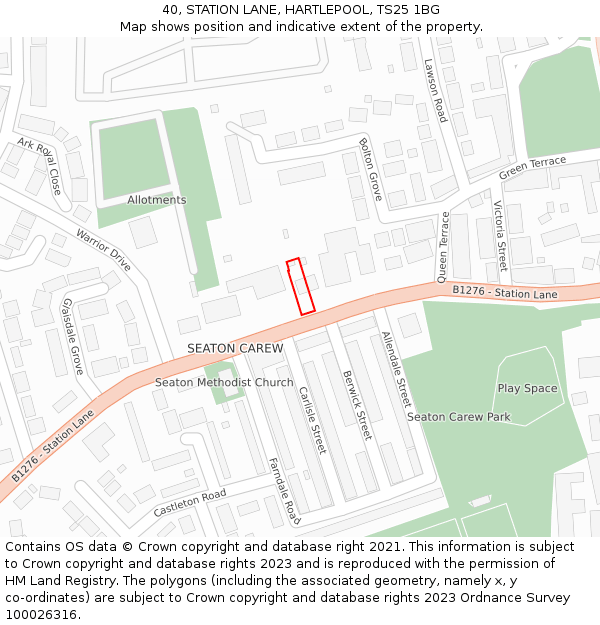 40, STATION LANE, HARTLEPOOL, TS25 1BG: Location map and indicative extent of plot