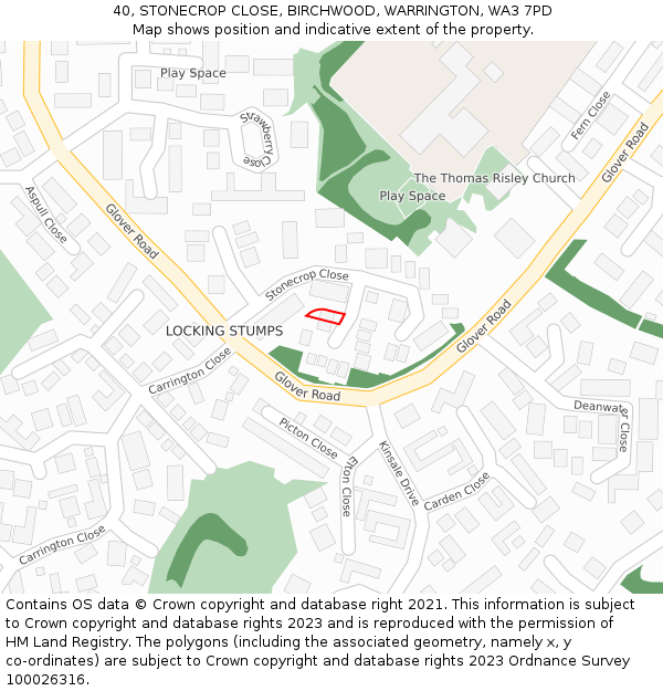 40, STONECROP CLOSE, BIRCHWOOD, WARRINGTON, WA3 7PD: Location map and indicative extent of plot