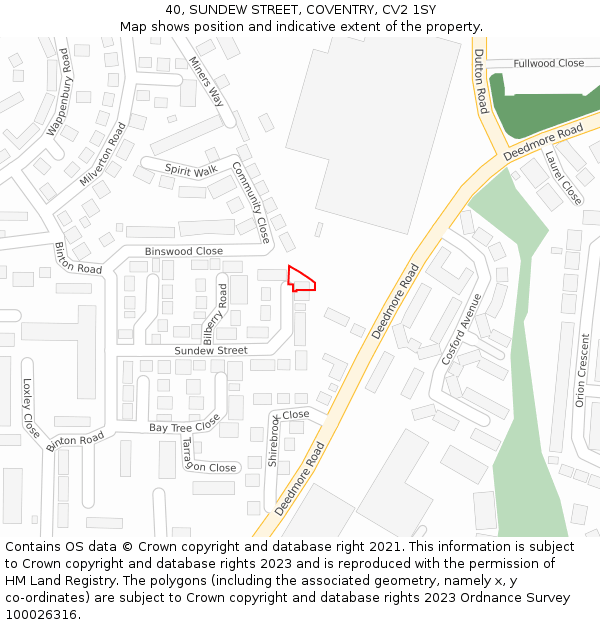 40, SUNDEW STREET, COVENTRY, CV2 1SY: Location map and indicative extent of plot