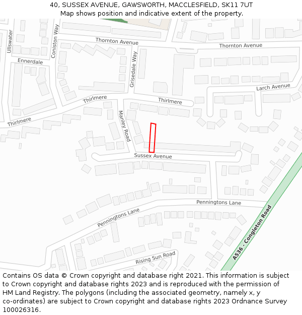 40, SUSSEX AVENUE, GAWSWORTH, MACCLESFIELD, SK11 7UT: Location map and indicative extent of plot