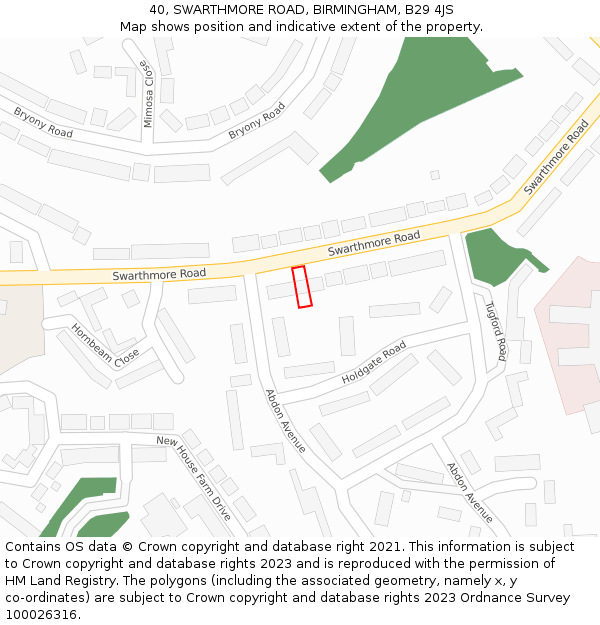 40, SWARTHMORE ROAD, BIRMINGHAM, B29 4JS: Location map and indicative extent of plot