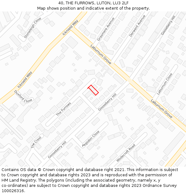 40, THE FURROWS, LUTON, LU3 2LF: Location map and indicative extent of plot