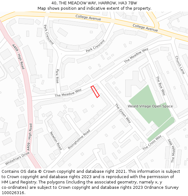 40, THE MEADOW WAY, HARROW, HA3 7BW: Location map and indicative extent of plot