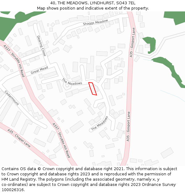 40, THE MEADOWS, LYNDHURST, SO43 7EL: Location map and indicative extent of plot