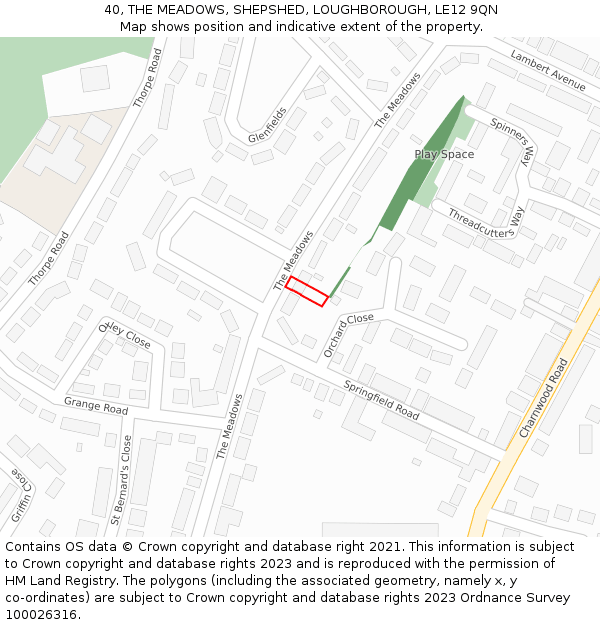 40, THE MEADOWS, SHEPSHED, LOUGHBOROUGH, LE12 9QN: Location map and indicative extent of plot