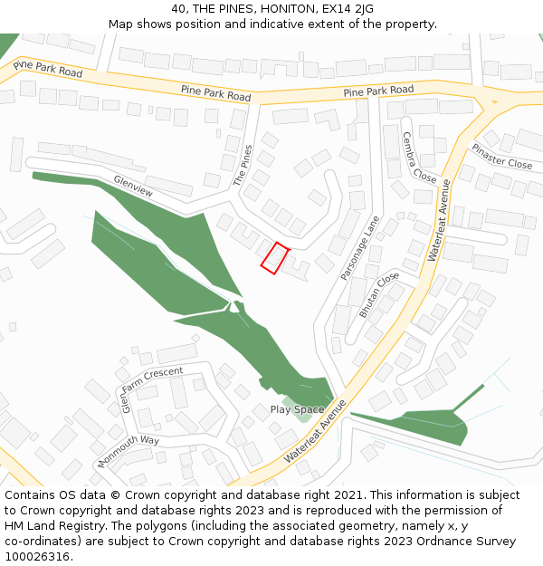 40, THE PINES, HONITON, EX14 2JG: Location map and indicative extent of plot