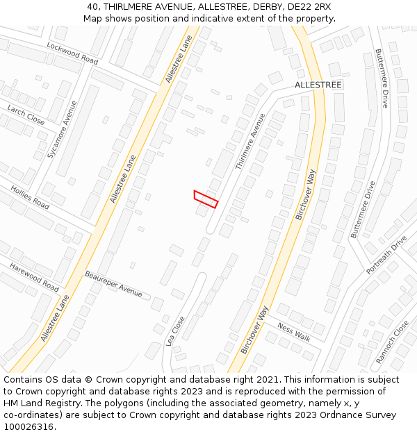 40, THIRLMERE AVENUE, ALLESTREE, DERBY, DE22 2RX: Location map and indicative extent of plot