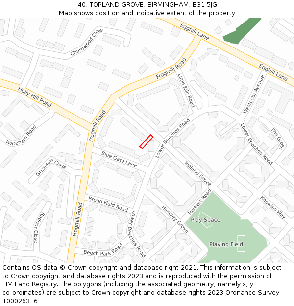 40, TOPLAND GROVE, BIRMINGHAM, B31 5JG: Location map and indicative extent of plot