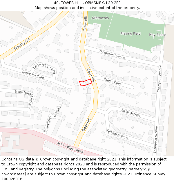 40, TOWER HILL, ORMSKIRK, L39 2EF: Location map and indicative extent of plot
