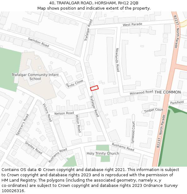 40, TRAFALGAR ROAD, HORSHAM, RH12 2QB: Location map and indicative extent of plot