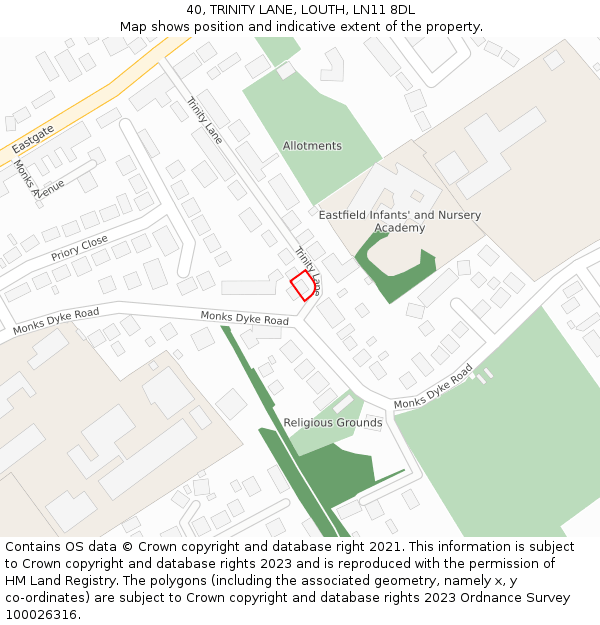 40, TRINITY LANE, LOUTH, LN11 8DL: Location map and indicative extent of plot