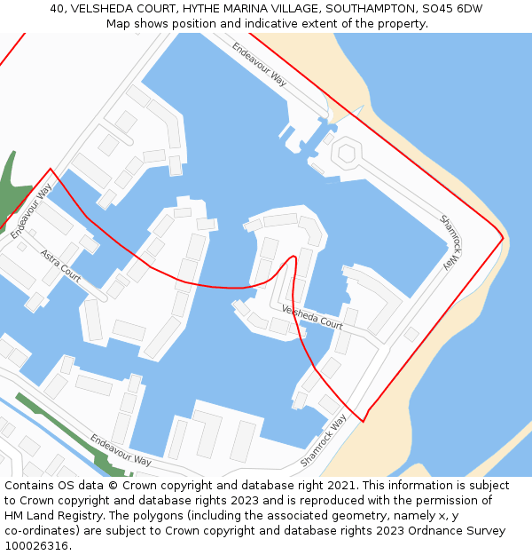 40, VELSHEDA COURT, HYTHE MARINA VILLAGE, SOUTHAMPTON, SO45 6DW: Location map and indicative extent of plot