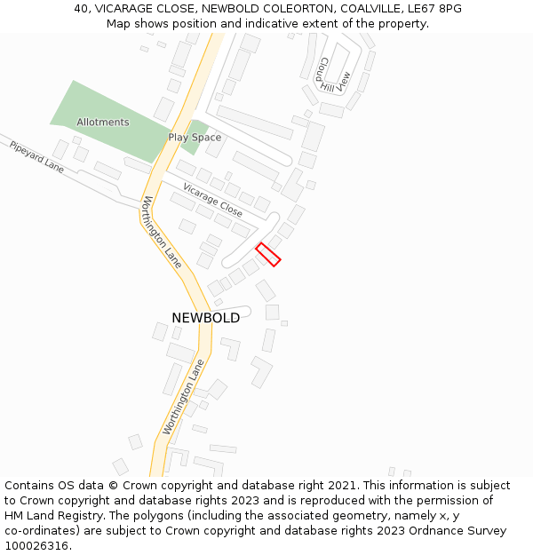 40, VICARAGE CLOSE, NEWBOLD COLEORTON, COALVILLE, LE67 8PG: Location map and indicative extent of plot