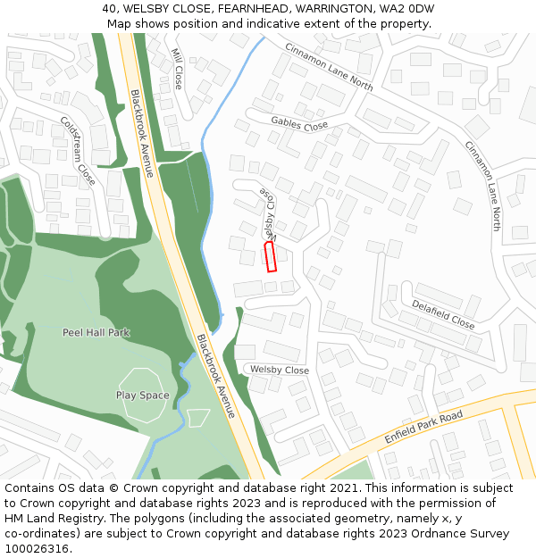 40, WELSBY CLOSE, FEARNHEAD, WARRINGTON, WA2 0DW: Location map and indicative extent of plot