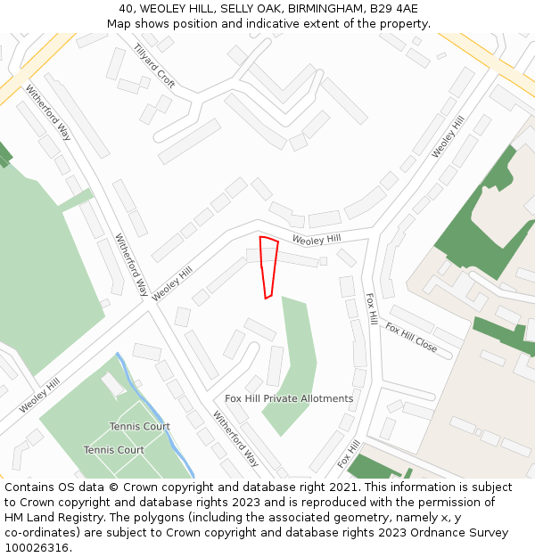 40, WEOLEY HILL, SELLY OAK, BIRMINGHAM, B29 4AE: Location map and indicative extent of plot