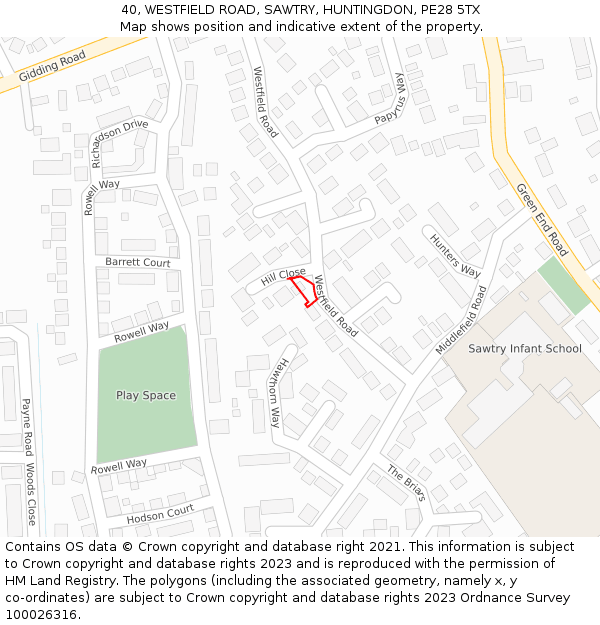 40, WESTFIELD ROAD, SAWTRY, HUNTINGDON, PE28 5TX: Location map and indicative extent of plot