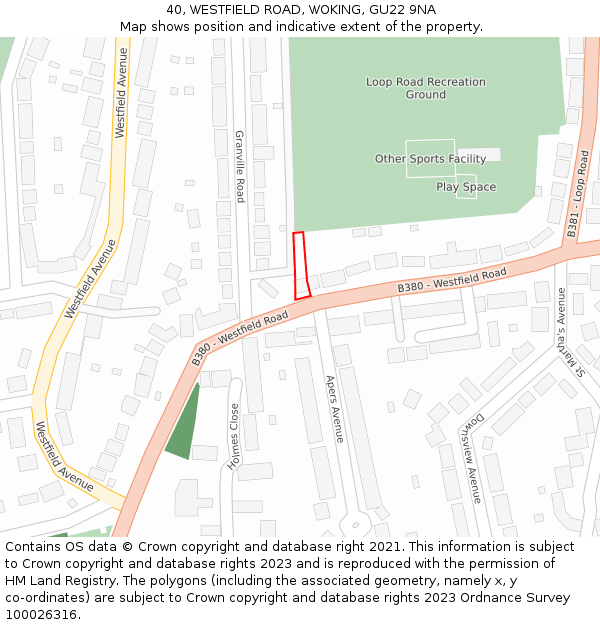 40, WESTFIELD ROAD, WOKING, GU22 9NA: Location map and indicative extent of plot