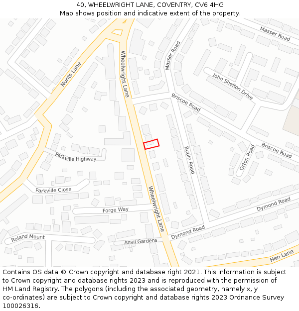 40, WHEELWRIGHT LANE, COVENTRY, CV6 4HG: Location map and indicative extent of plot