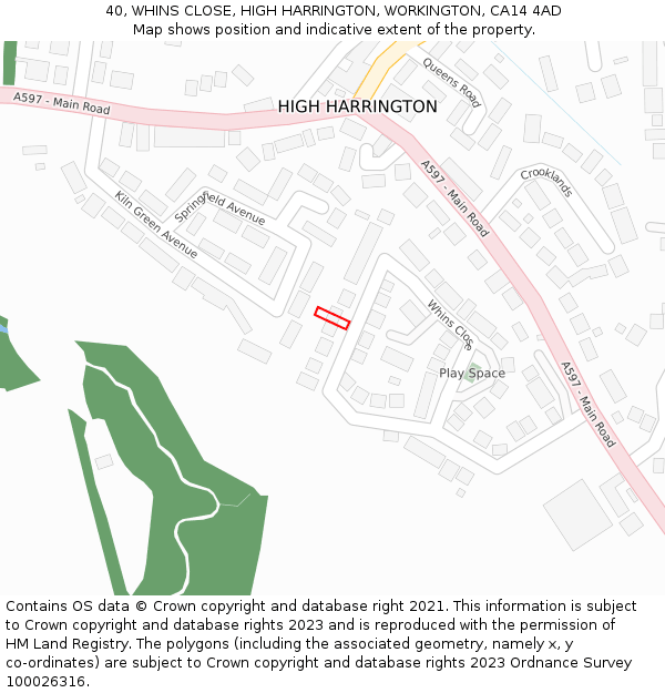 40, WHINS CLOSE, HIGH HARRINGTON, WORKINGTON, CA14 4AD: Location map and indicative extent of plot