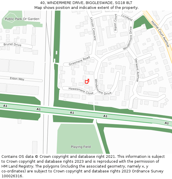 40, WINDERMERE DRIVE, BIGGLESWADE, SG18 8LT: Location map and indicative extent of plot