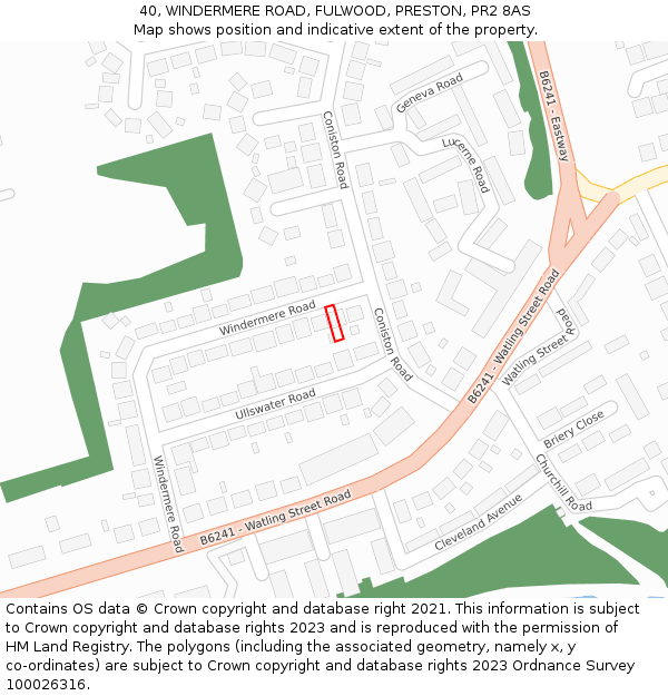 40, WINDERMERE ROAD, FULWOOD, PRESTON, PR2 8AS: Location map and indicative extent of plot