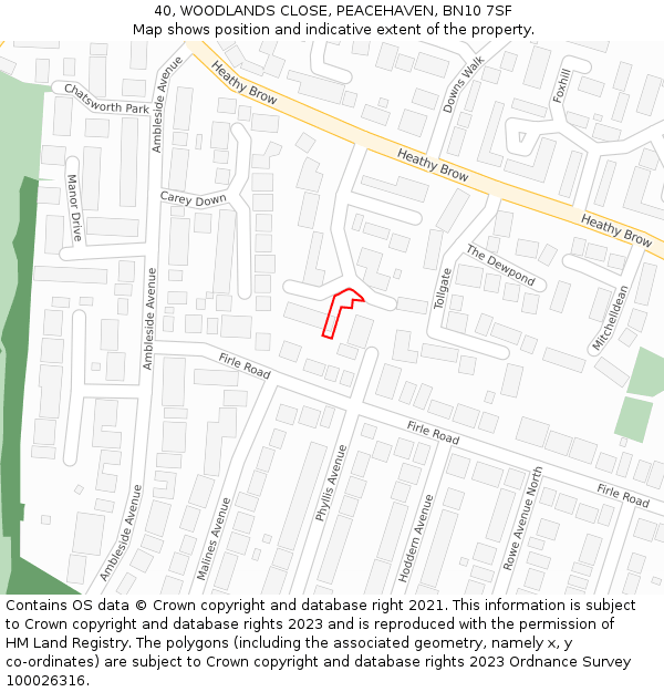 40, WOODLANDS CLOSE, PEACEHAVEN, BN10 7SF: Location map and indicative extent of plot