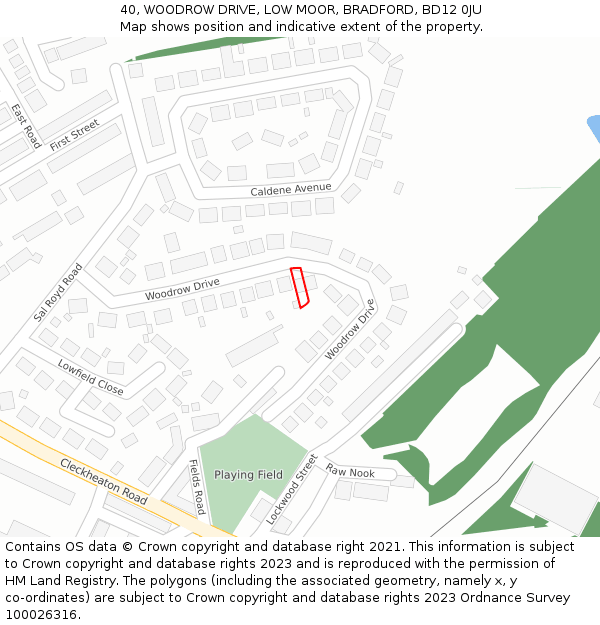 40, WOODROW DRIVE, LOW MOOR, BRADFORD, BD12 0JU: Location map and indicative extent of plot