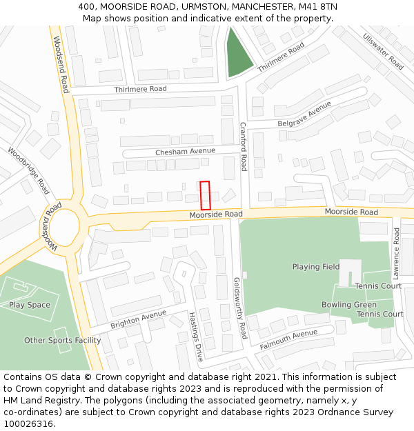 400, MOORSIDE ROAD, URMSTON, MANCHESTER, M41 8TN: Location map and indicative extent of plot