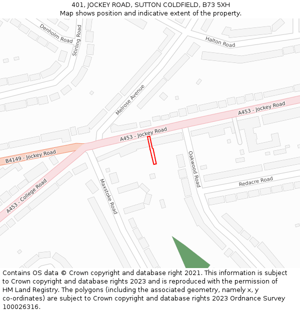 401, JOCKEY ROAD, SUTTON COLDFIELD, B73 5XH: Location map and indicative extent of plot