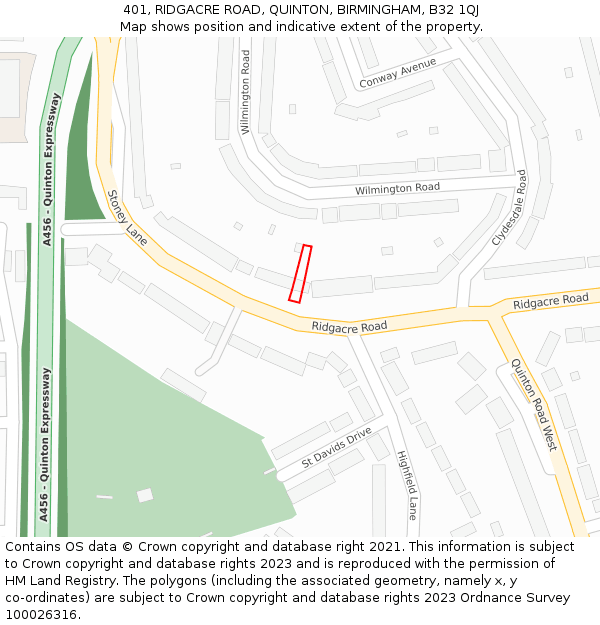 401, RIDGACRE ROAD, QUINTON, BIRMINGHAM, B32 1QJ: Location map and indicative extent of plot