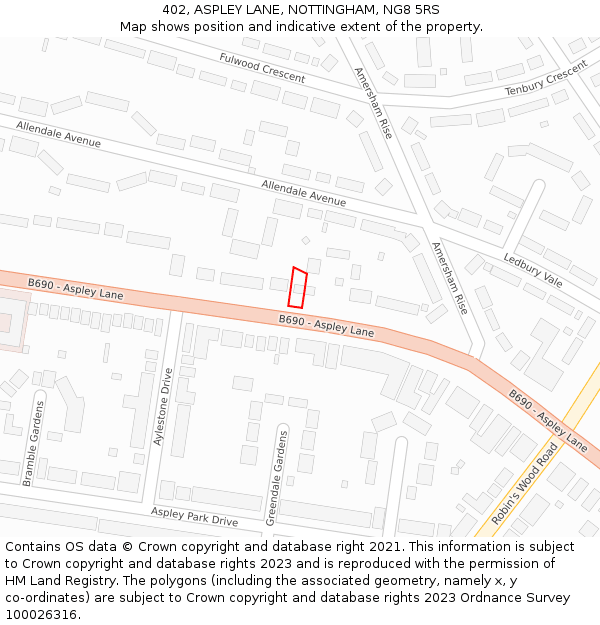 402, ASPLEY LANE, NOTTINGHAM, NG8 5RS: Location map and indicative extent of plot