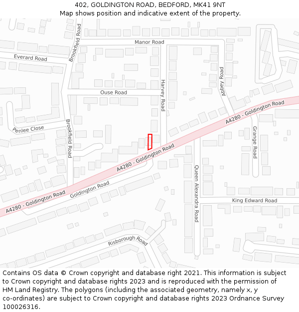 402, GOLDINGTON ROAD, BEDFORD, MK41 9NT: Location map and indicative extent of plot