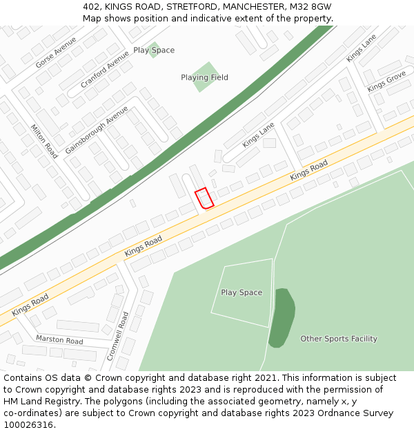 402, KINGS ROAD, STRETFORD, MANCHESTER, M32 8GW: Location map and indicative extent of plot